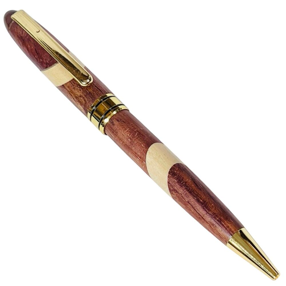 Hand Turned Wood Pen Maple Stripe Gold Trim Twist Handmade Two Grains New